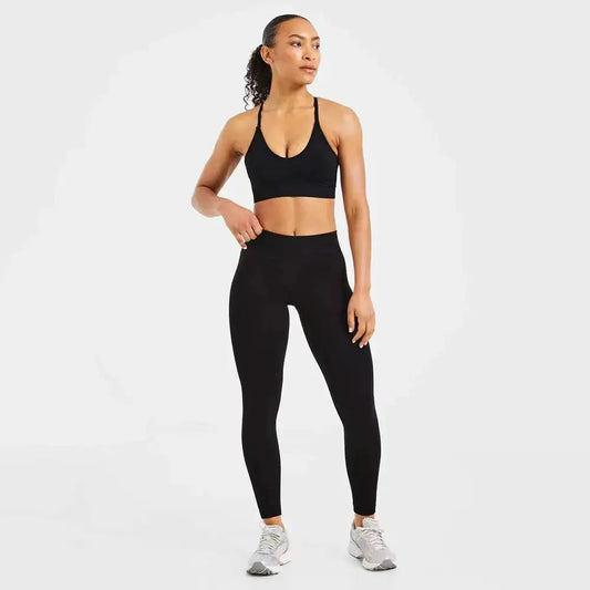 Quick Dry V Neck Sports Bra and Yoga Pants Set for Women, 90% Nylon 10% Spandex Moisture Wicking Two Piece Gym Fitness Workout Outfit, Strappy Crop Top Full Length Activewear for Running Training