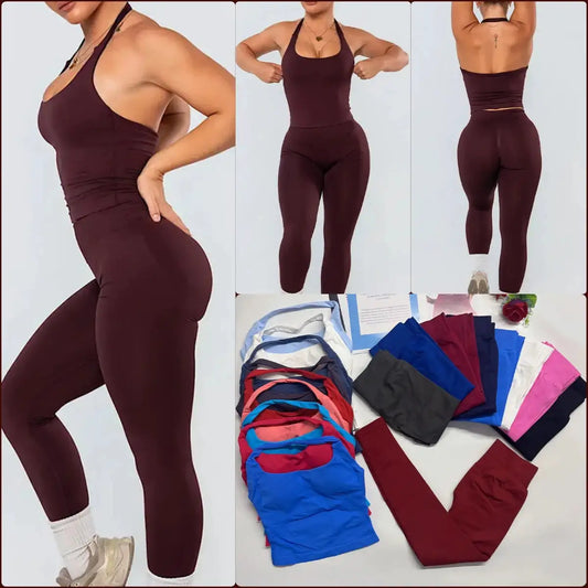 2026 Yoga outfit DFNNYE two Pieces Gym Set seamless Women DF impact backless Halter Top Leggings Fitness Clothes Workout sets