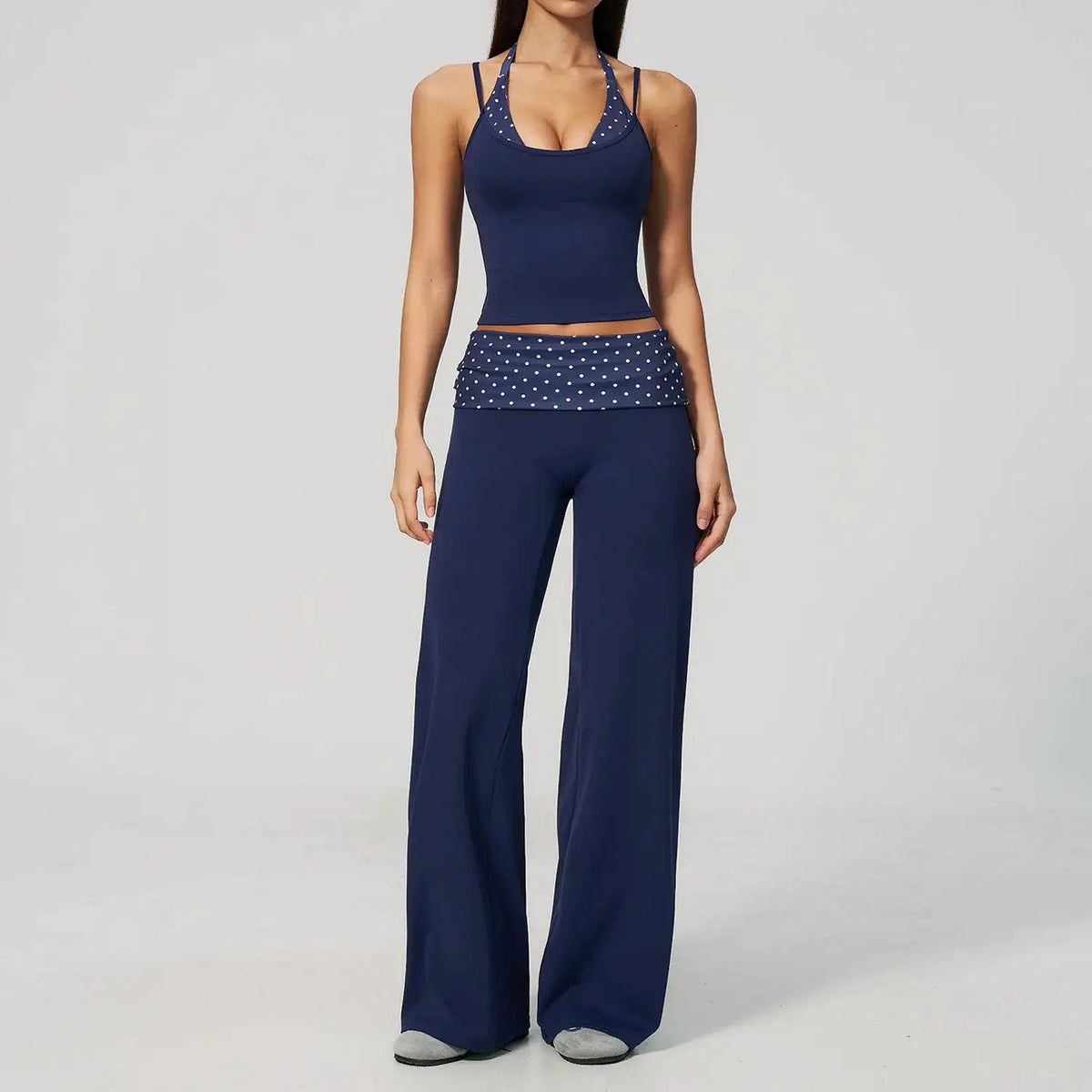Women's 2 Piece Yoga Set Halter Neck Crop Top Fold Over Waist Wide Legged Flare Trousers Polka Dot Striped Gym Workout Running