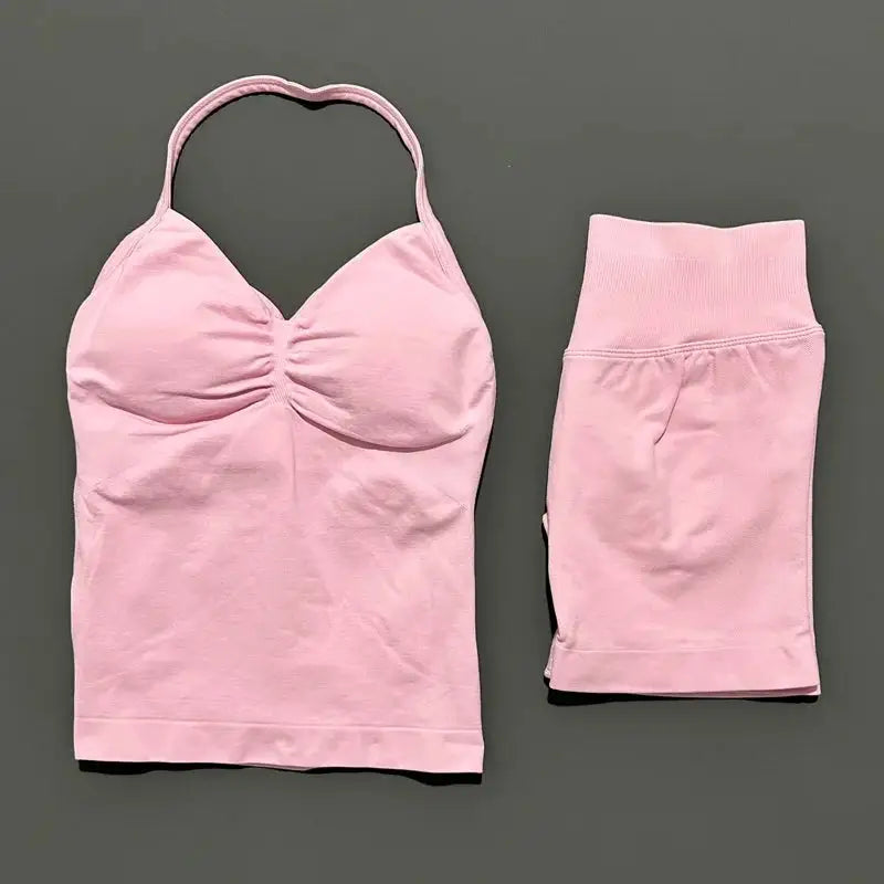 Women Sports Shorts Set Seamless Gym Longline Strappy Top and Tummy Control Short Leggings Suit Yoga Workout Activewear Set