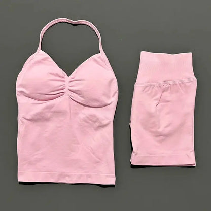 Women Sports Shorts Set Seamless Gym Longline Strappy Top and Tummy Control Short Leggings Suit Yoga Workout Activewear Set