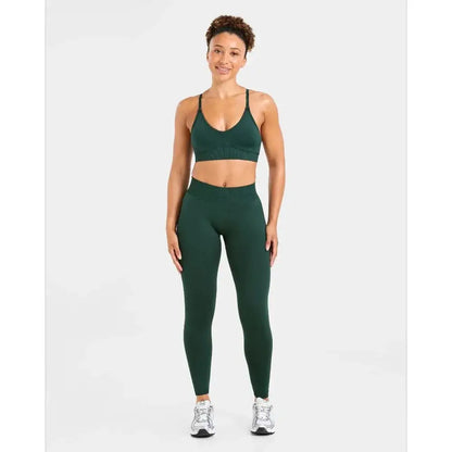 Quick Dry V Neck Sports Bra and Yoga Pants Set for Women, 90% Nylon 10% Spandex Moisture Wicking Two Piece Gym Fitness Workout Outfit, Strappy Crop Top Full Length Activewear for Running Training