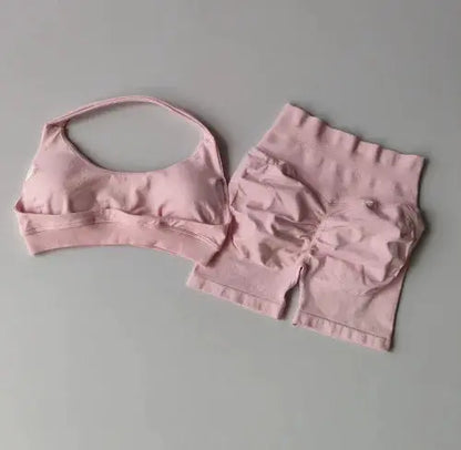 Sexy Halter Neck Beautiful Back High Waist Peach Sports Bras Shorts Suit Pilates Gathering Yoga Vest Training Fitness Bra Sets