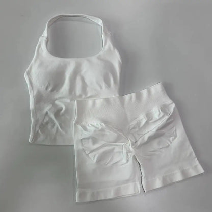 No Logo 2 Pieces Gym Set Women Backless Halter Tops High Waist Seamless Shorts Gym Suit Fitness Clothes Sportswear Workout Sets