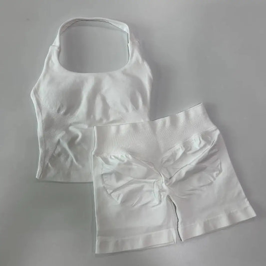 No Logo 2 Pieces Gym Set Women Backless Halter Tops High Waist Seamless Shorts Gym Suit Fitness Clothes Sportswear Workout Sets