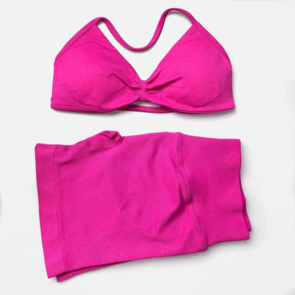 WANAYOU Seamless 2 Pcs Women Yoga Sets Halter Bras Sports Crop Tops Low Waist Scrunch Butt Gym Shorts Tight Quick Dry Leggings