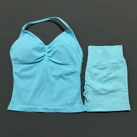 Women Sports Shorts Set Seamless Gym Longline Strappy Top and Tummy Control Short Leggings Suit Yoga Workout Activewear Set
