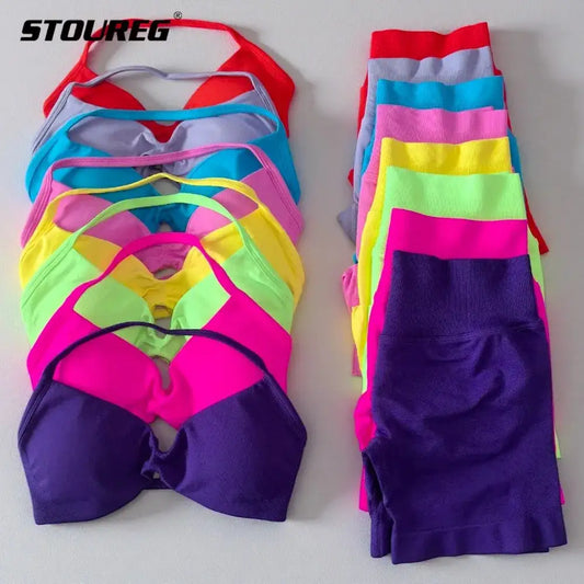 STOUREG 2 Pieces Yoga Gym Set Women Seamless Strappy Yoga Bra High Waist Workout Scrunch Shorts Set Fitness Clothes Sportswear