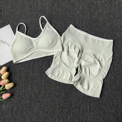 Peach Buttock Yoga Suit Women Gym Seamless Suspender Gathering Bra High Waist Hip Lifting Belly Tightening Shorts Fitness Set
