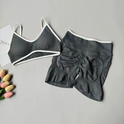 Peach Buttock Yoga Suit Women Gym Seamless Suspender Gathering Bra High Waist Hip Lifting Belly Tightening Shorts Fitness Set