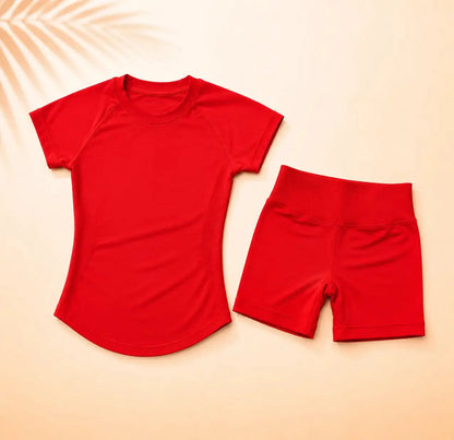 NoLogo Women Ribbed Yoga 2-Piece Set Tummy Short Sleeve Top High Waist Butt Lifting Shorts Seamless Gym for Fitness Running