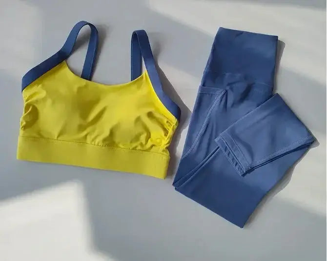 High Intensity Color Blocking Cross Back Integrated Yoga Set 2PCS Sports Underwear High Waist and Hip Lifting Fitness Leggings