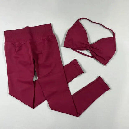 2-Piece Set Women's Seamless Clean (No Logo) Yoga Set, Halter Neck Sports Bra & High-Waisted Lifting Leggings for Gym Workouts