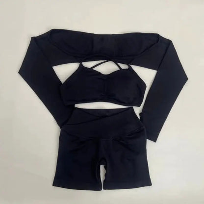 Yoga Vision Shrug 3 Pieces Top Leggings Gym Set Women's Seamless High Elastic Longline Vest Buttock lift Exercise Shorts Set