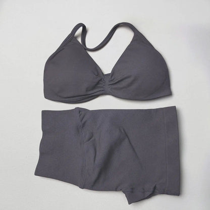WANAYOU Seamless 2 Pcs Women Yoga Sets Halter Bras Sports Crop Tops Low Waist Scrunch Butt Gym Shorts Tight Quick Dry Leggings