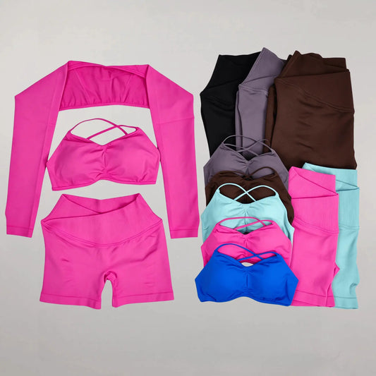 Yoga Vision Shrug 3 Pieces Top Leggings Gym Set Women's Seamless High Elastic Longline Vest Buttock lift Exercise Shorts Set