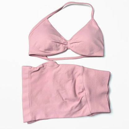 STOUREG 2 Pieces Yoga Gym Set Women Seamless Strappy Yoga Bra High Waist Workout Scrunch Shorts Set Fitness Clothes Sportswear
