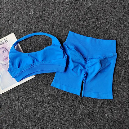 2PCs Peach High Waist Belly Hip Lifting Sports Bras Shorts Suit Gathering Shock-proof Neck Halter Yoga Suit Running Fitness Set