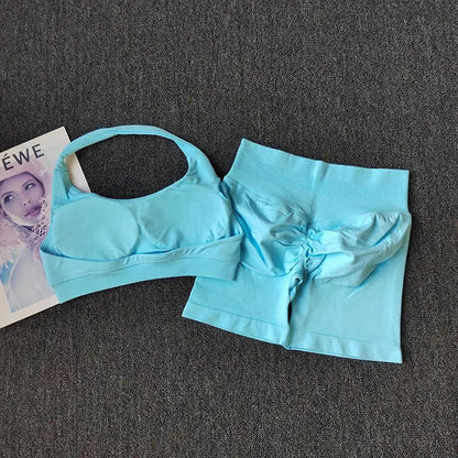 2PCs Peach High Waist Belly Hip Lifting Sports Bras Shorts Suit Gathering Shock-proof Neck Halter Yoga Suit Running Fitness Set