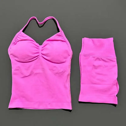 Women Sports Shorts Set Seamless Gym Longline Strappy Top and Tummy Control Short Leggings Suit Yoga Workout Activewear Set