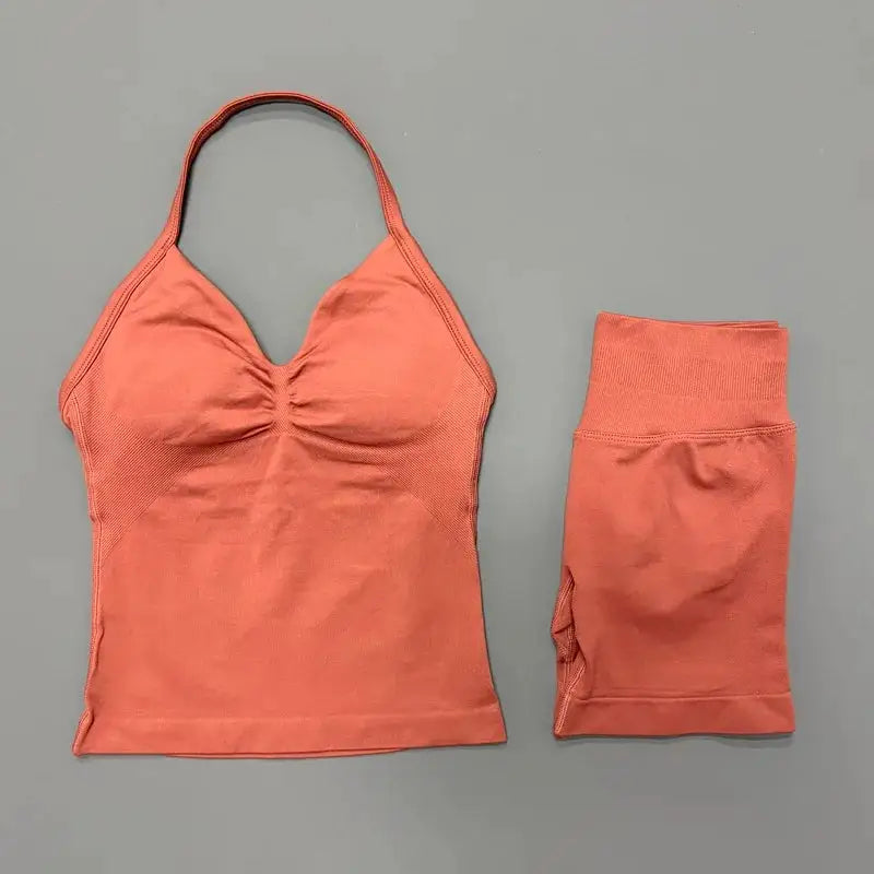 Women Sports Shorts Set Seamless Gym Longline Strappy Top and Tummy Control Short Leggings Suit Yoga Workout Activewear Set
