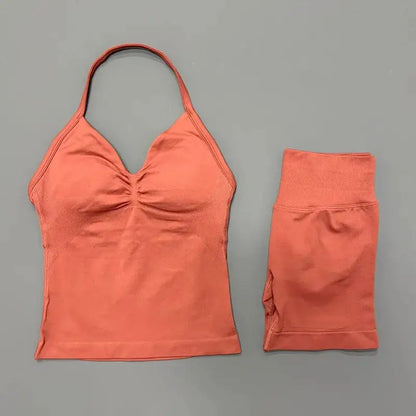 Women Sports Shorts Set Seamless Gym Longline Strappy Top and Tummy Control Short Leggings Suit Yoga Workout Activewear Set