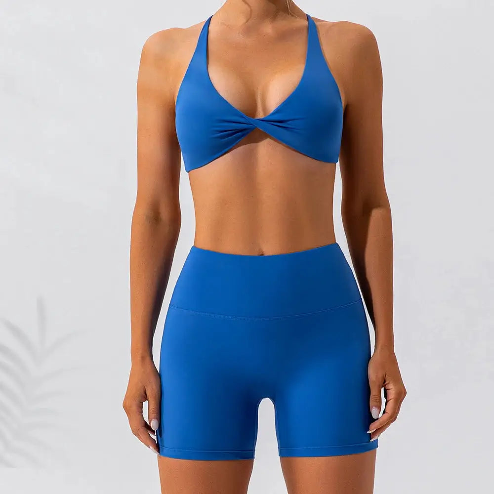 Women's 2 Piece Yoga Gym Sports Set Cross Back Bra Top & High Waist Shorts Fitness Running Workout Tracksuit