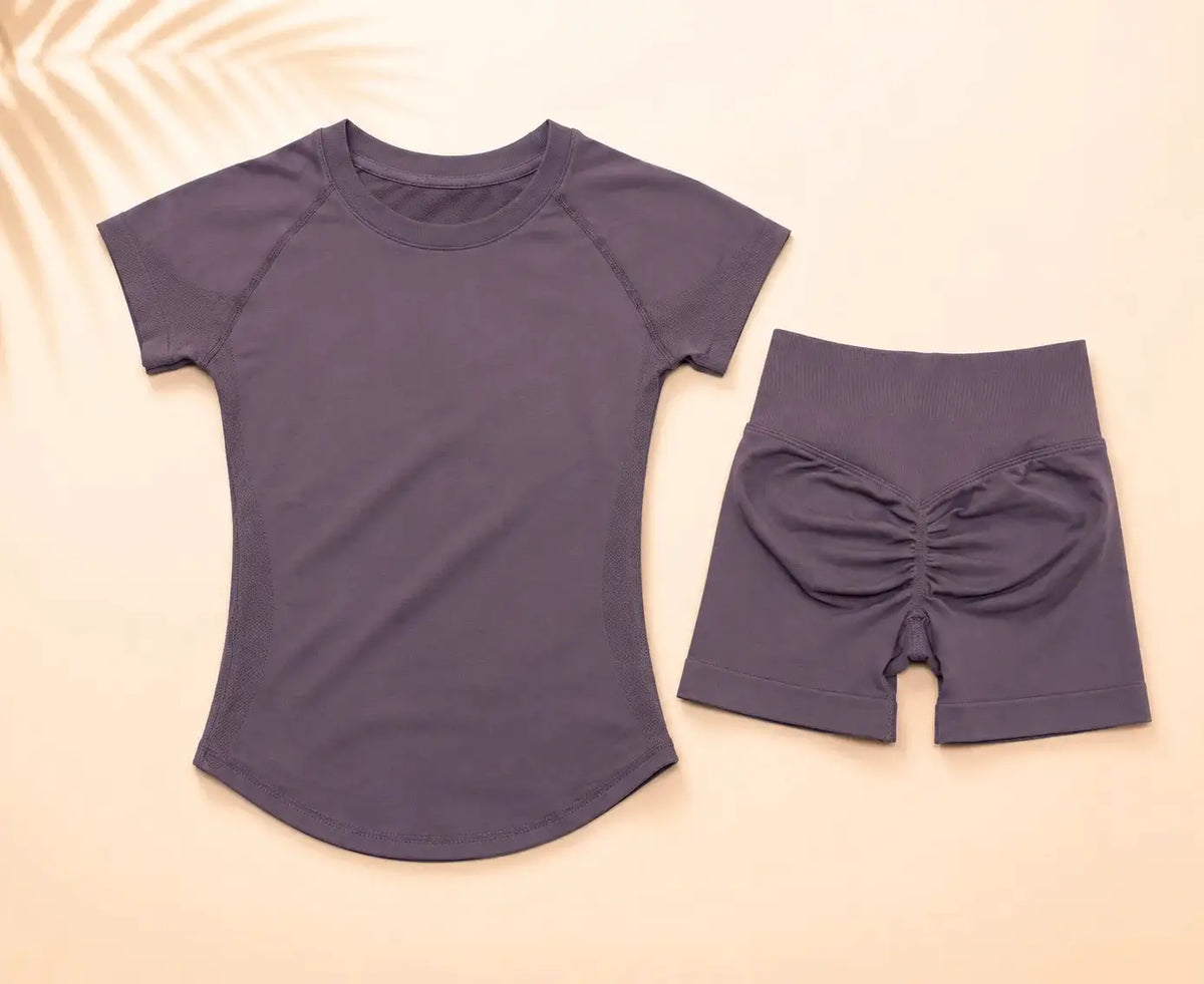 NoLogo Women Ribbed Yoga 2-Piece Set Tummy Short Sleeve Top High Waist Butt Lifting Shorts Seamless Gym for Fitness Running
