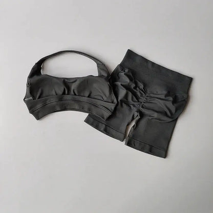 Sexy Halter Neck Beautiful Back High Waist Peach Sports Bras Shorts Suit Pilates Gathering Yoga Vest Training Fitness Bra Sets