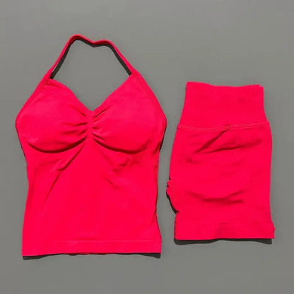 Women Sports Shorts Set Seamless Gym Longline Strappy Top and Tummy Control Short Leggings Suit Yoga Workout Activewear Set
