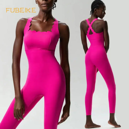 FUBEIKE Small Wave Beauty Back Yoga Fitness One-Piece Women's Plus Size Tight Super Stretch Sportswear Running Vest Jumpsuit