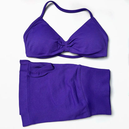 STOUREG 2 Pieces Yoga Gym Set Women Seamless Strappy Yoga Bra High Waist Workout Scrunch Shorts Set Fitness Clothes Sportswear