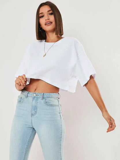 Cotton Women Short Sleeve Crop Top Navel Baring Yoga Fitness
