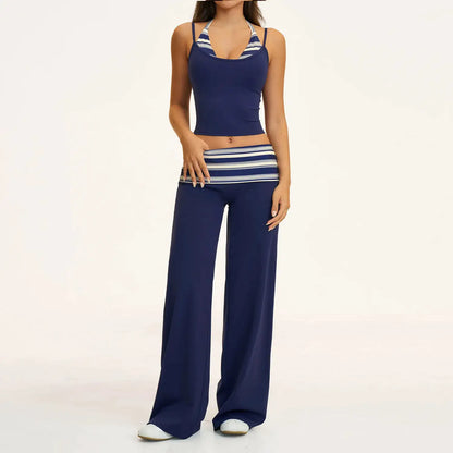 2PCS Stripes Fitness Suit Women's Tracksuits Polka Dot High Waist Workout Capri Pants Sports Set Female Yoga Sports Clothes