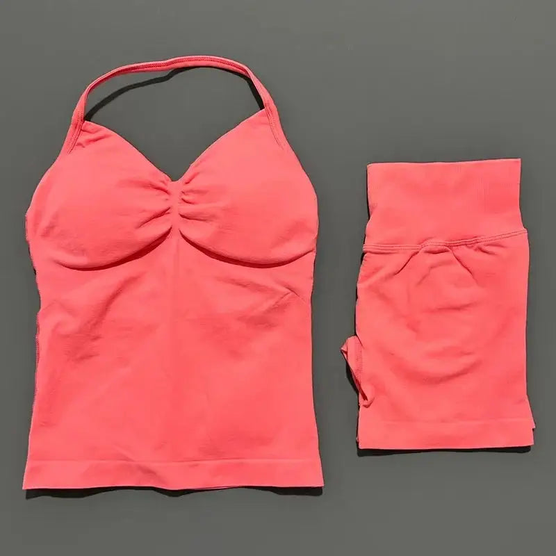 Women Sports Shorts Set Seamless Gym Longline Strappy Top and Tummy Control Short Leggings Suit Yoga Workout Activewear Set