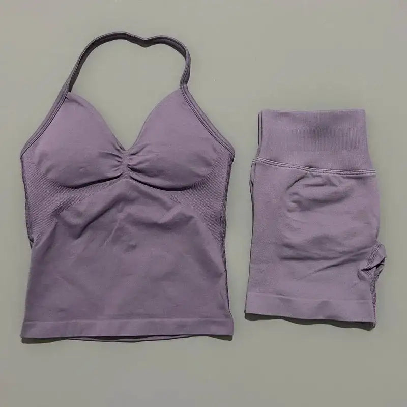 Women Sports Shorts Set Seamless Gym Longline Strappy Top and Tummy Control Short Leggings Suit Yoga Workout Activewear Set