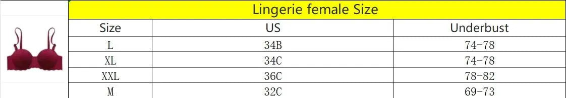 Lingerie bra size chart with maroon bra, sizes M to XXL, underbust measurements, OurLum.com