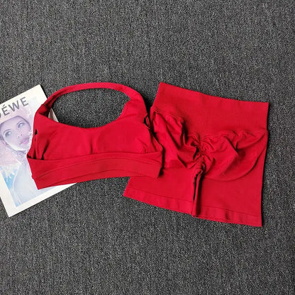 2PCs Peach High Waist Belly Hip Lifting Sports Bras Shorts Suit Gathering Shock-proof Neck Halter Yoga Suit Running Fitness Set