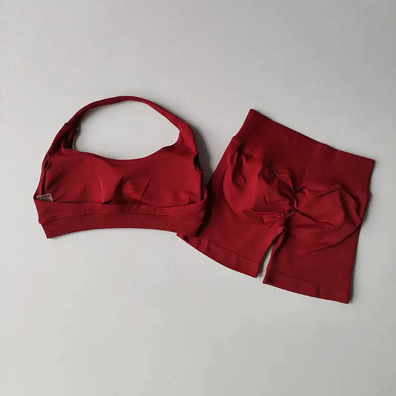 2 Pieces Women's Yoga Suit Seamless Fitness Gym Clothes Halter Sports Bra with Matching Shorts Workout Set Gym Outfit