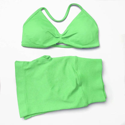 WANAYOU Seamless 2 Pcs Women Yoga Sets Halter Bras Sports Crop Tops Low Waist Scrunch Butt Gym Shorts Tight Quick Dry Leggings
