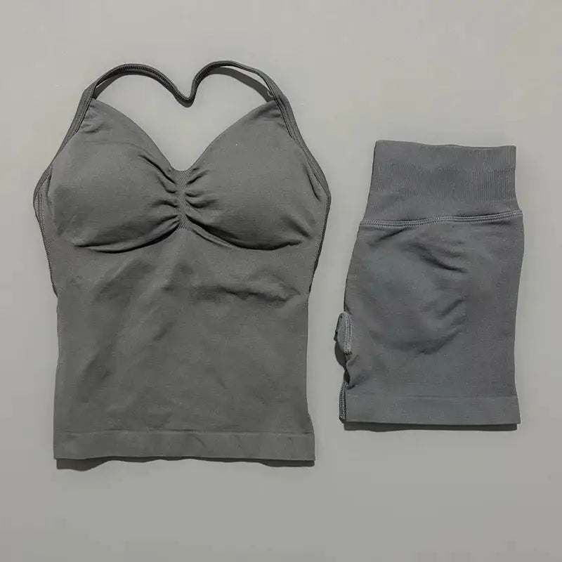 Women Sports Shorts Set Seamless Gym Longline Strappy Top and Tummy Control Short Leggings Suit Yoga Workout Activewear Set