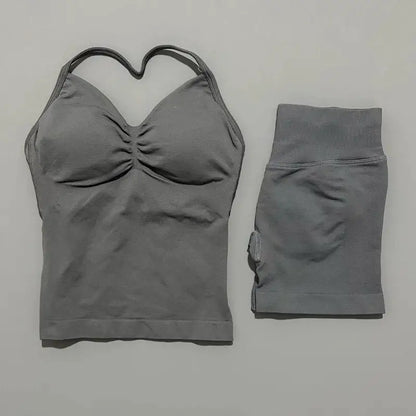 Women Sports Shorts Set Seamless Gym Longline Strappy Top and Tummy Control Short Leggings Suit Yoga Workout Activewear Set