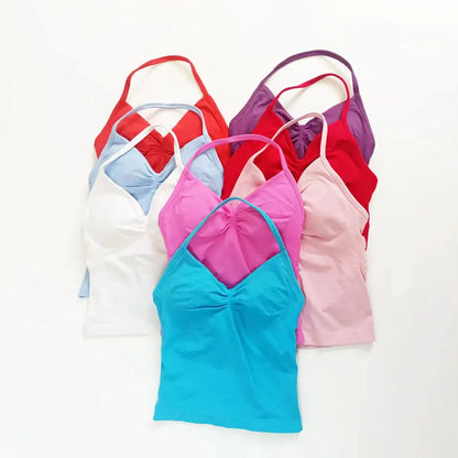 NCLAGEN Gym Longline Strappy Top Women Seamless Yoga Tank With Removable Pads V Neck Workout Clothes Sports Running Fitness Vest