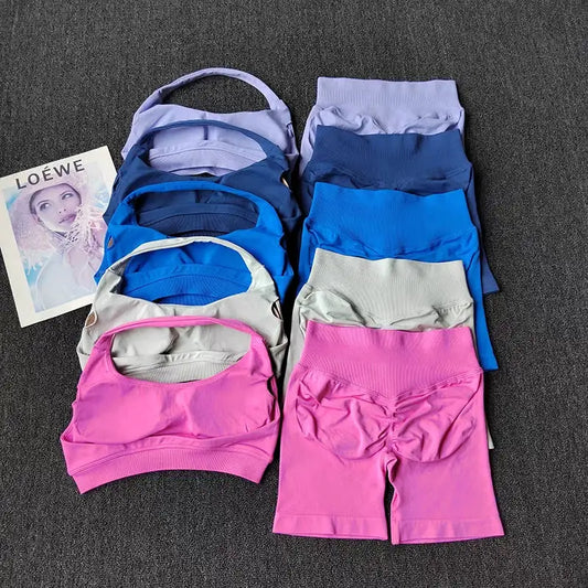 2 Pieces Yoga Suit for Women Seamless Fitness Gym Clothes Halter Sports Bra Matching Shorts Workout Sets Gym Set Outfit