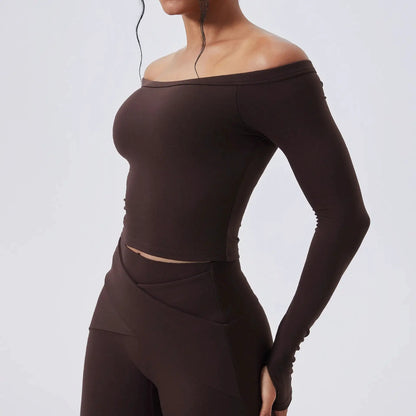 Slash Neck Long Sleeve Yoga Shirts Women Crop Top Breathable Quick Dry Sport T-shirt Female Gym Workout Top Fitness Clothing New