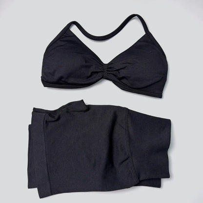 WANAYOU Seamless 2 Pcs Women Yoga Sets Halter Bras Sports Crop Tops Low Waist Scrunch Butt Gym Shorts Tight Quick Dry Leggings