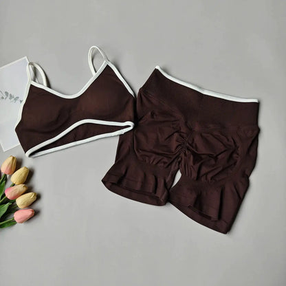 Peach Buttock Yoga Suit Women Gym Seamless Suspender Gathering Bra High Waist Hip Lifting Belly Tightening Shorts Fitness Set