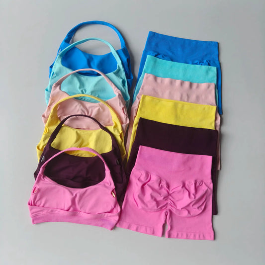 2PCs Peach High Waist Belly Hip Lifting Sports Bras Shorts Suit Gathering Shock-proof Neck Halter Yoga Suit Running Fitness Set