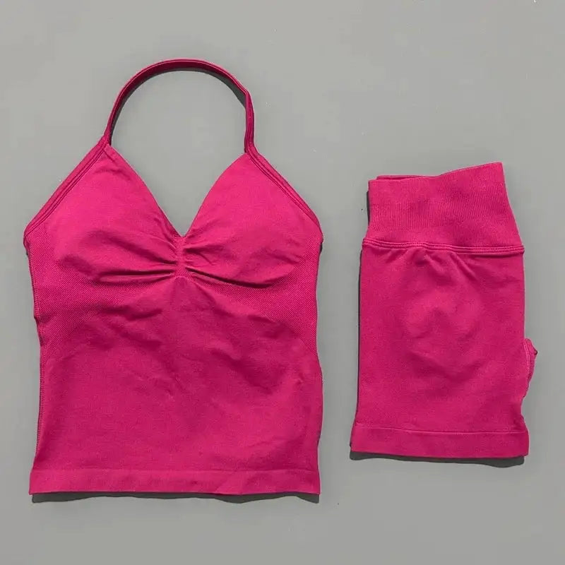 Women Sports Shorts Set Seamless Gym Longline Strappy Top and Tummy Control Short Leggings Suit Yoga Workout Activewear Set