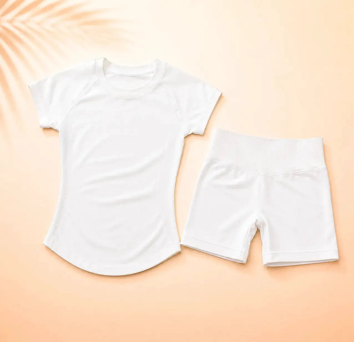 NoLogo Women Ribbed Yoga 2-Piece Set Tummy Short Sleeve Top High Waist Butt Lifting Shorts Seamless Gym for Fitness Running